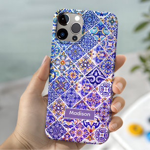 Funda Para iPhone 15 azulejos azules púrpura Mediterráneo siciliano mex