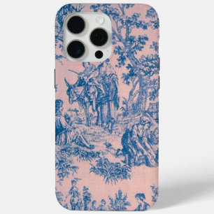 Funda Para iPhone 15 Pro Max Azulejos de jouy azul y rosa elegante