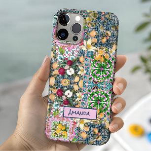 Funda Para iPhone 15 Azulejos florales cítricos sicilianos azules y ros