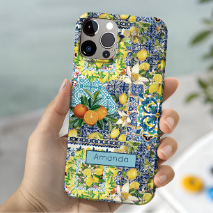 Funda Para iPhone 15 Azulejos Florales Citricos Sicilianos Turquesa Azu