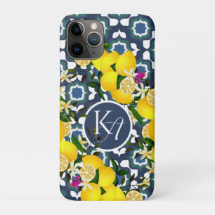 Funda Para iPhone 11 Pro Azulejos Mediterráneos de Limón Azul Marino Blanco