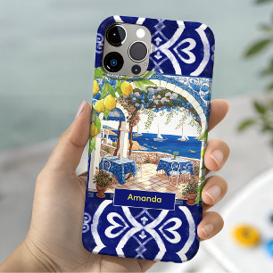 Funda Para iPhone 15 azulejos sicilianas mediterráneas de cítricos azul