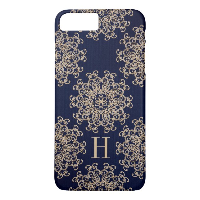 Funda De Case-Mate Para iPhone Azules marinos del monograma y medallón exótico (Reverso)