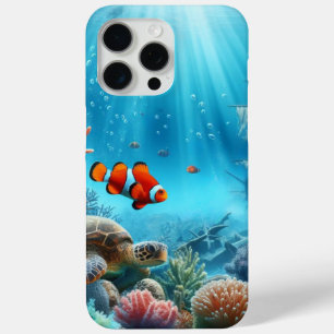 Funda Para iPhone 15 Pro Max Bajo el mar, tortuga, coral, barco, pez payaso