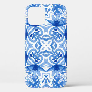 Funda Para iPhone 12 Baldosa azul blanca, acuarela sin costura.