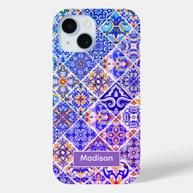 Funda De Case-Mate Para iPhone Baldosas azules púrpuras sicilianas mexicanas (Reverso )