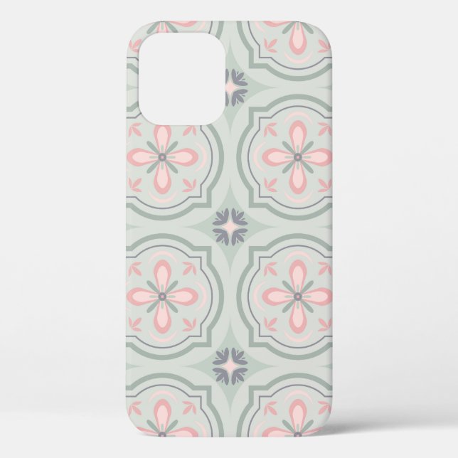 Funda De Case-Mate Para iPhone Baldosas Florales Verde Pastel (Reverso )