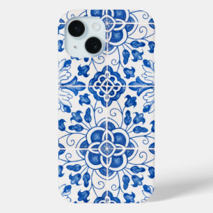 Funda Para iPhone 15 Baldosas portuguesas Flora Azul mediterránea