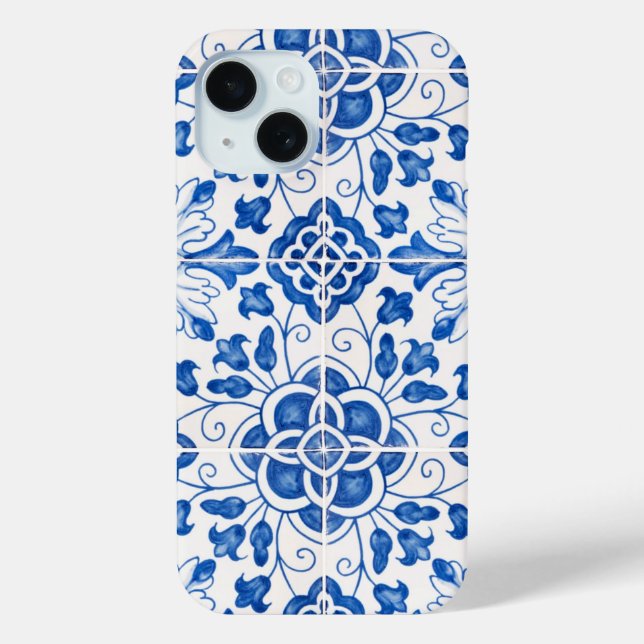 Funda De Case-Mate Para iPhone Baldosas portuguesas Flora Azul mediterránea (Reverso )