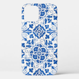 Funda Para iPhone 12 Baldosas portuguesas Flora Azul mediterránea