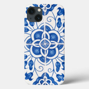 Funda Para iPhone 13 Baldosas portuguesas Flora Azul mediterránea