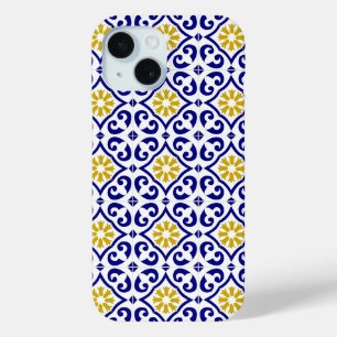 Funda Para iPhone 15 Baldosas portuguesas Flora Azul mediterránea