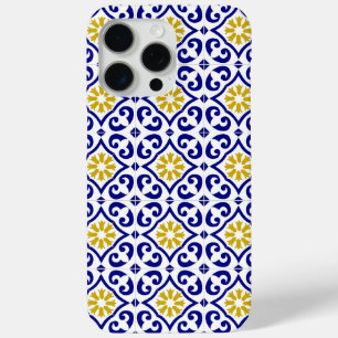 Funda Para iPhone 15 Pro Max Baldosas portuguesas Flora Azul mediterránea