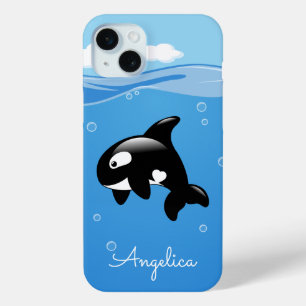 Funda Para iPhone 15 Mini Ballena orca pura en el océano con nombre personal