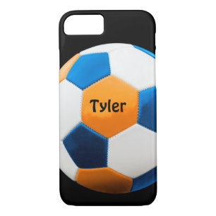 Funda Para iPhone 8/7 Balón de fútbol con nombre, azul y Naranja,