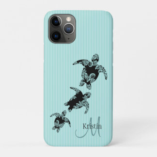 Funda Para iPhone 11 Pro Banda acuática de tortuga marina con monograma