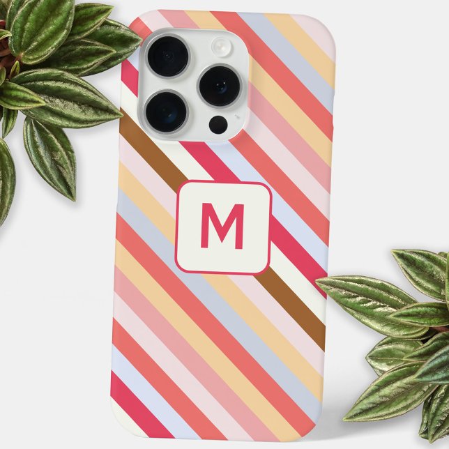 Funda De Case-Mate Para iPhone Banda de andén diagonal inicial de monograma moder (Modern muted diagonal candy stripe monogram initial personalized cell phone case)