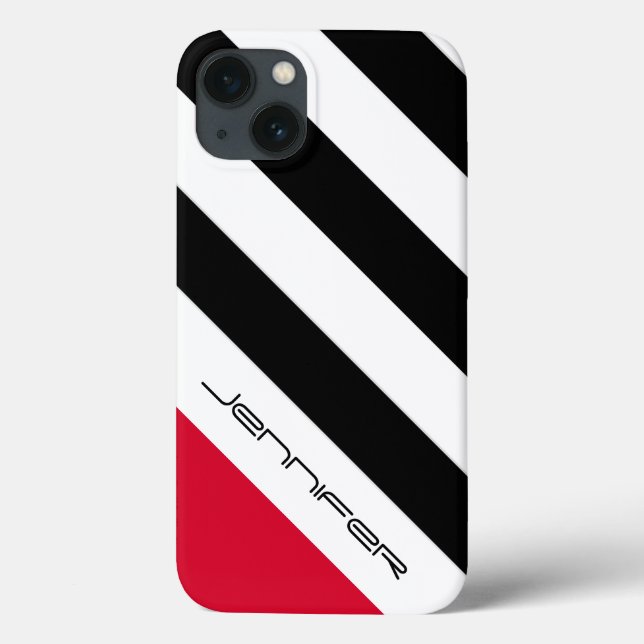 Funda De Case-Mate Para iPhone Banda diagonal en blanco y negro, nombre, rojo (Reverso)