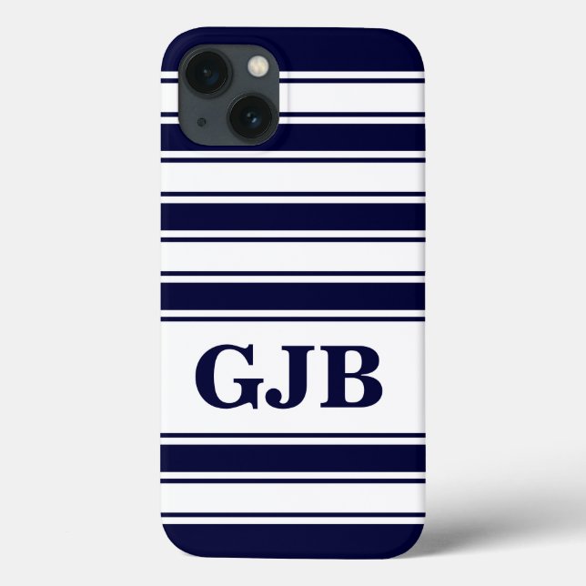 Funda De Case-Mate Para iPhone Banda horizontal de la marina con monograma (Reverso)