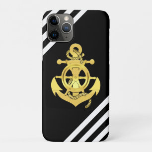 Funda Para iPhone 11 Pro Banda negra/oro del anclaje/rueda del buque náutic