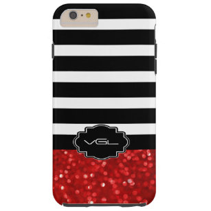 Funda Resistente Para iPhone 6 Plus Banda negra y blanca y Purpurina rojo