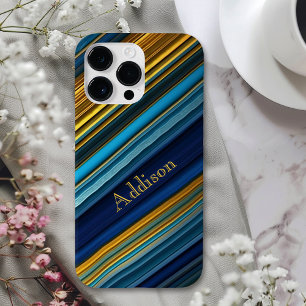 Funda Para iPhone 14 Pro Max De Case-Mate Bandas abstractas contemporáneas azules/de oro
