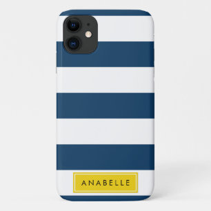 Funda Para iPhone 11 Bandas azules de la marina, patrón rayado, tu nomb