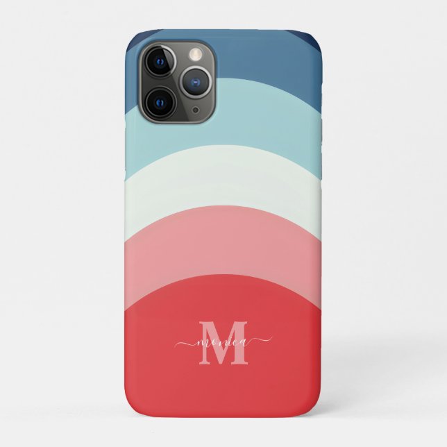 Funda De Case-Mate Para iPhone Bandas de la curva del arcoiris rosa azul Monogram (Reverso)