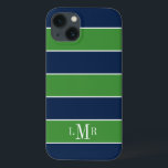 Funda Para iPhone 13 Bandas de Rugby verdes y azules monogramadas<br><div class="desc">El diseño personalizado presenta un patrón de franjas de rugby fresco y se puede personalizar con su monograma,  inicial,  nombre o cualquier texto de su elección.</div>