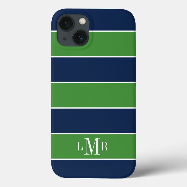 Funda De Case-Mate Para iPhone Bandas de Rugby verdes y azules monogramadas (Reverso)