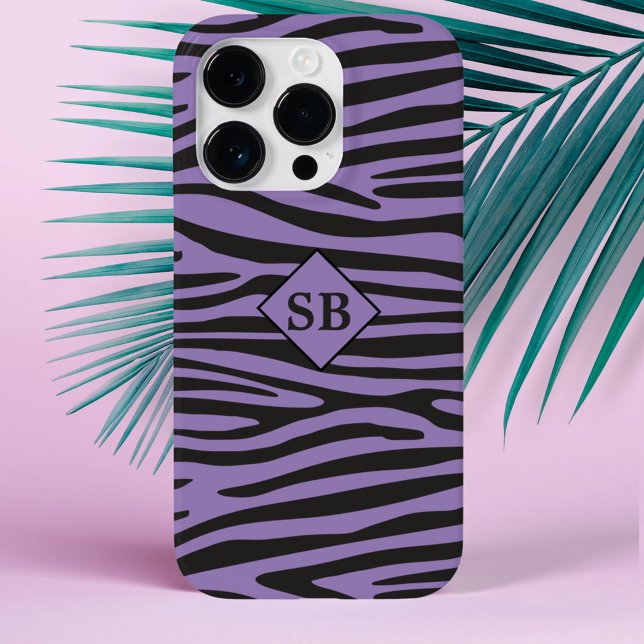 Funda De Case-Mate Para iPhone Bandas negras púrpuras de impresión de cebra monog (A purple and black zebra print phone case with space for your initials)