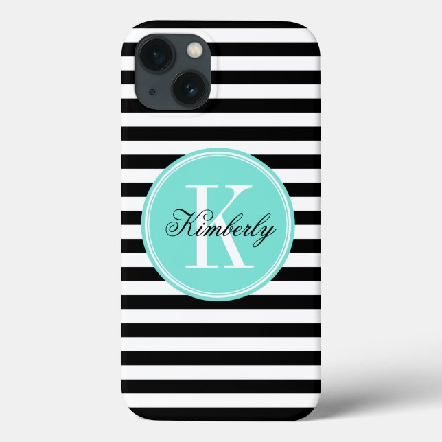Funda De Case-Mate Para iPhone Bandas negras y blancas con monograma turquesa (Reverso)