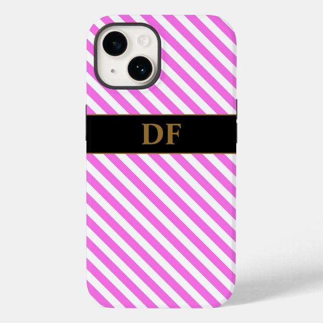 Funda De Case-Mate Para iPhone Bandas rosadas/blancas monogramadas (Reverso )