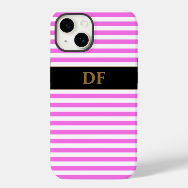 Funda De Case-Mate Para iPhone Bandas rosadas/blancas monogramadas (Reverso )