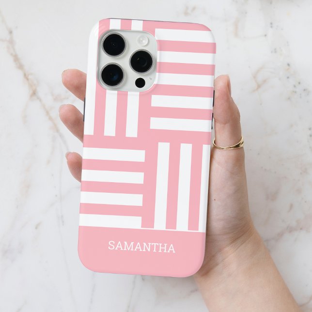 Funda De Case-Mate Para iPhone Bandas rosadas modernas Nombre personalizado blanc (Modern Pink Stripes White Custom Name Simple Chic Case-Mate iPhone Case)