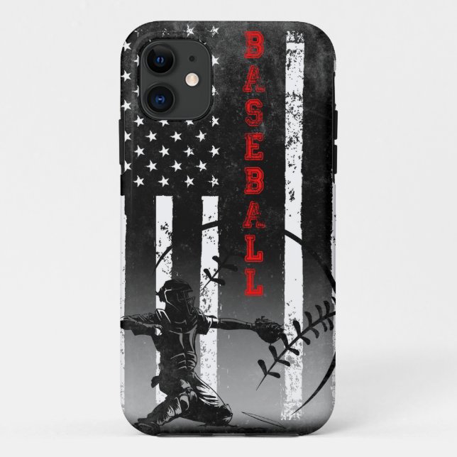 Funda De Case-Mate Para iPhone Bandera estadounidense de béisbol: arte negro  (Reverso)
