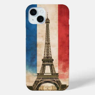 Funda Para iPhone 15 Mini Bandera francesa y la Torre Eiffel