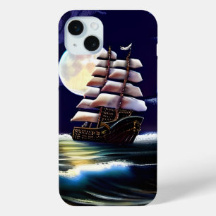 Funda Para iPhone 15 Mini Barco iluminado en el océano bajo la luna