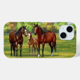 Funda Para iPhone 15 Barrio Marrón De Caballos En Pasto De Verano