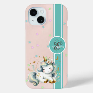 Funda Para iPhone 15 Bebé Unicornio, Monograma de Estrellas Coloridas