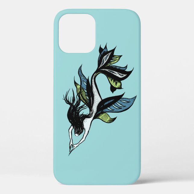 Funda De Case-Mate Para iPhone Bella Sirenita Gótica Dibujo de tinta verde azul (Reverso )