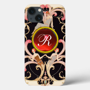 FUNDA PARA iPhone 13 BELLEZA ART DECO FASHION RED RUBY GEMSTONE MONOGRA