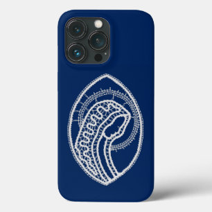 Funda Para iPhone 13 Pro Bendita Virgen María, encaje blanco, azul marino