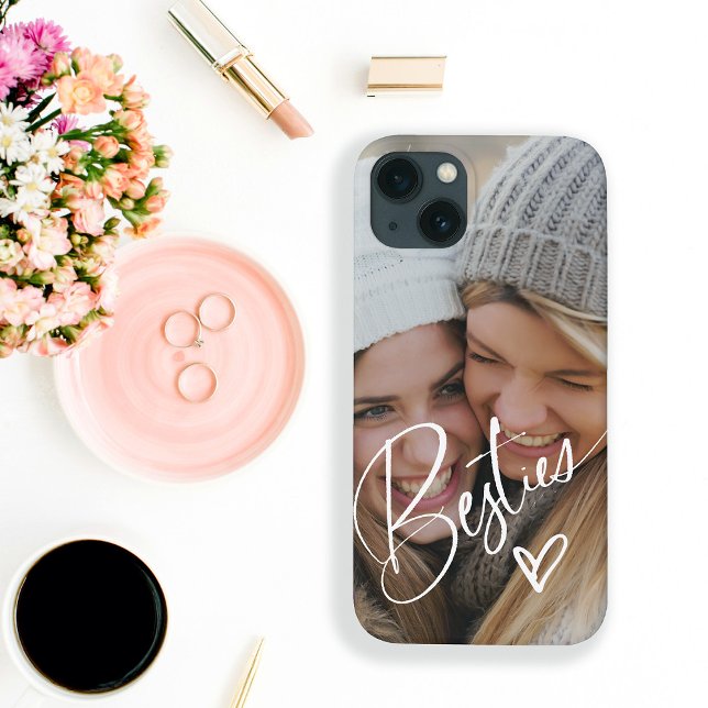 Funda De Case-Mate Para iPhone Bestias en escritura de moda | Foto con corazón (A trendy and stylish phone case that says "Besties" with a cute white heart, and your photo)