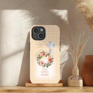 Funda Para iPhone 15 Biblia de Cruz de Corona de Rosa de Cuadro Naranja