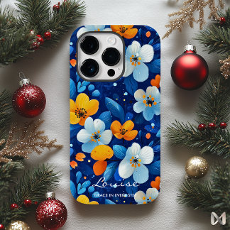 Funda Para iPhone 14 Pro De Case-Mate Bienestar Vibrante Elegancia Floral Azul y Naranja