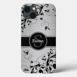 Funda Para iPhone 13 Bizardos florales de color negro plateado