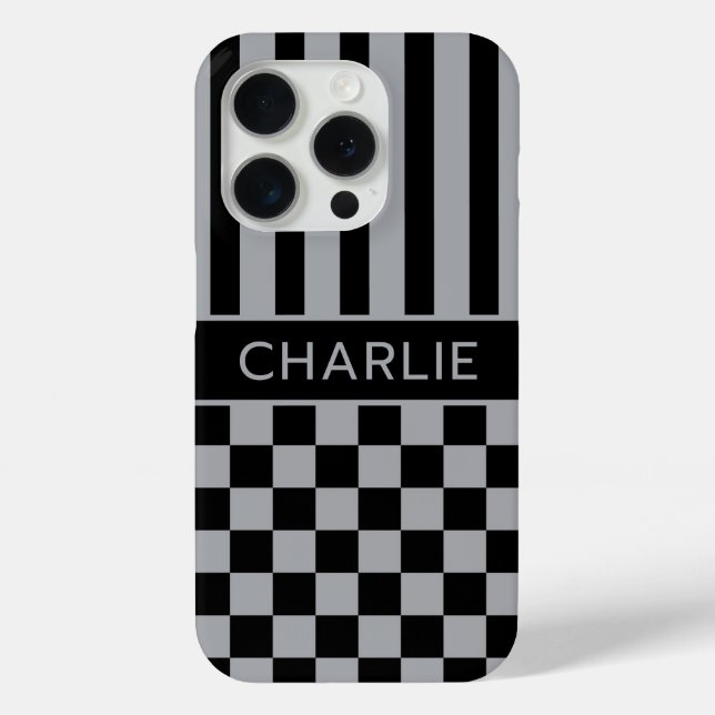 Funda De Case-Mate Para iPhone Black and Gray Checkered Striped Personalized (Reverso )