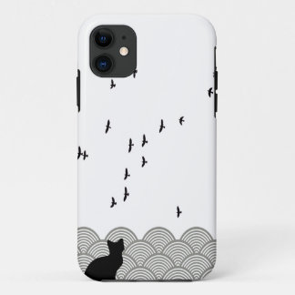 title_seo2 Black and white cat and birds iPhone case