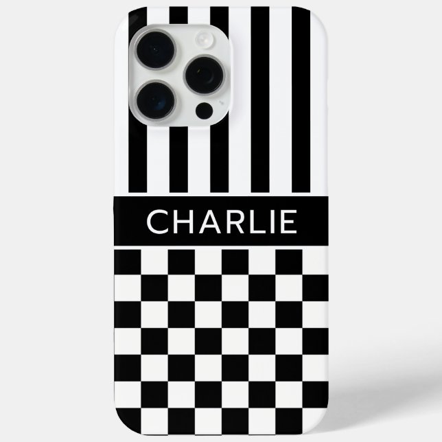 Funda De Case-Mate Para iPhone Black and White Checkered Striped Personalized (Reverso )